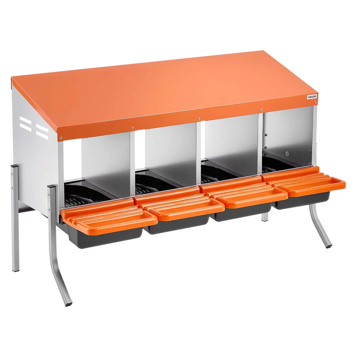Vevor Chicken Nesting Boxes with 4 Compartments, Support Legs, Easy Egg Collection, Galvanized Steel and High-Strength Plastic, Roll Away Design for Hens, Orange
