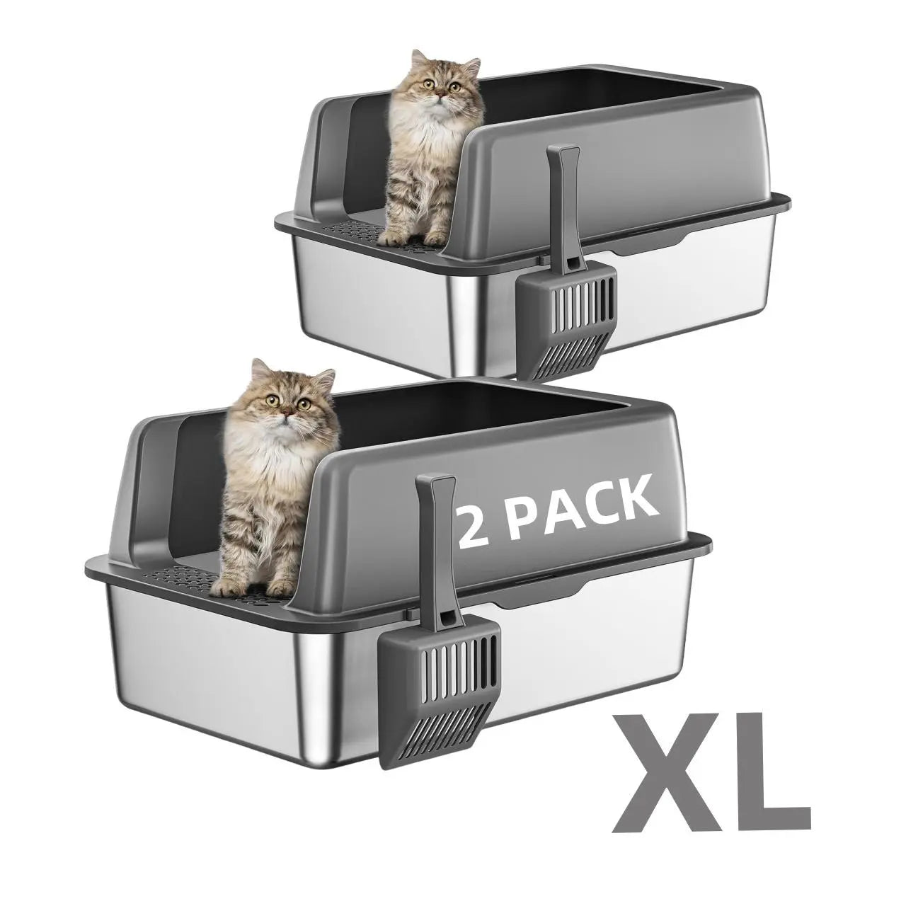 MISOFOG Premium High-Sided Stainless Steel Litter Box Set with Lid - Non-Stick, Leak-Resistant Design, Large 2-Pack for Cats and Rabbits, Easy to Clean