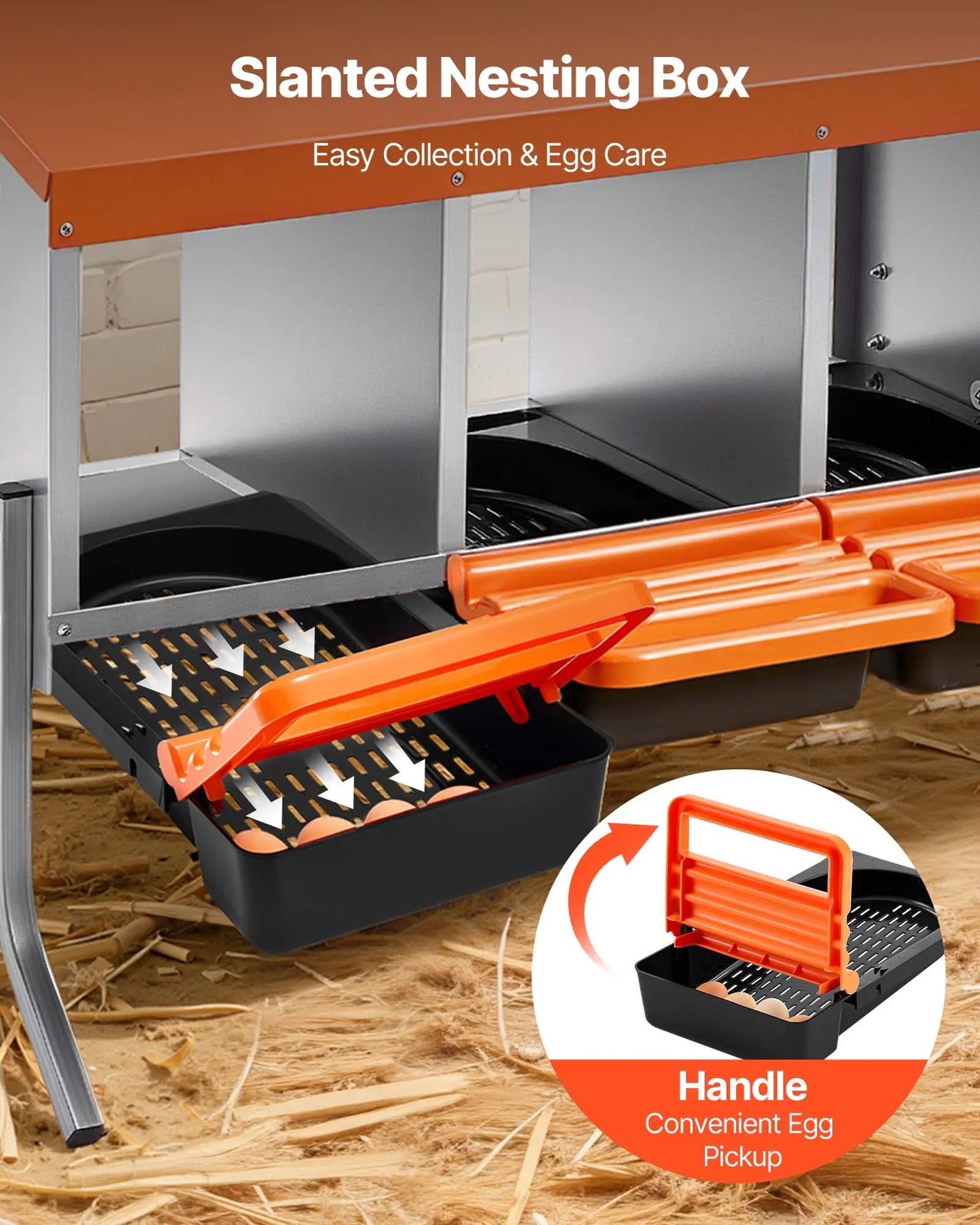 Vevor Chicken Nesting Boxes with 4 Compartments, Support Legs, Easy Egg Collection, Galvanized Steel and High-Strength Plastic, Roll Away Design for Hens, Orange