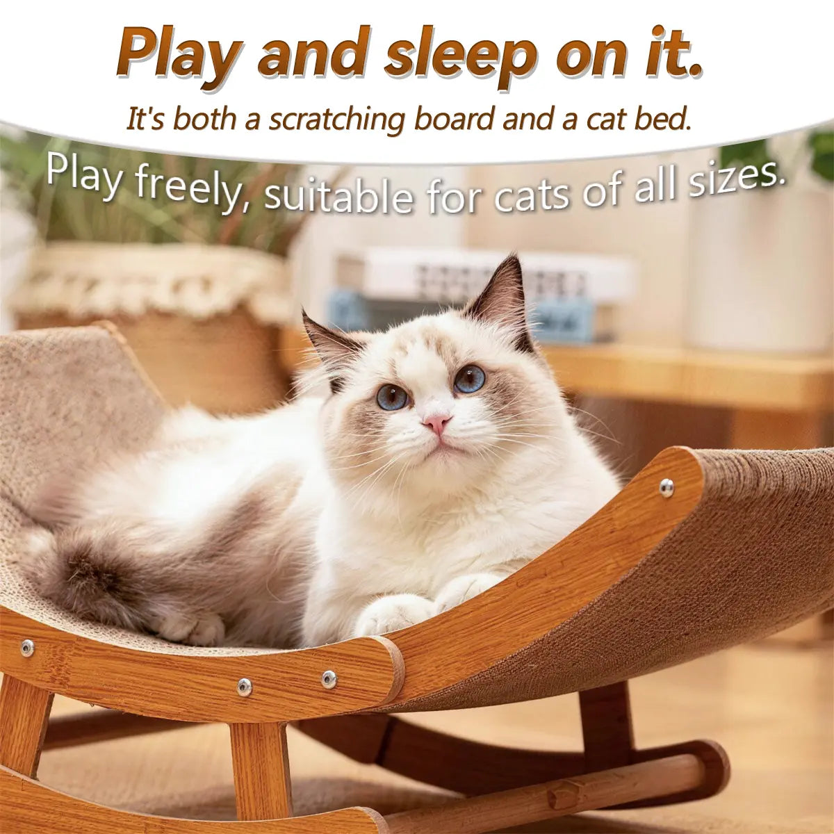 Elegant Bohemian Rocking Cat Scratcher Bed for Indoor Cats, Natural Sisal Curved Lounge with Sturdy Wooden Frame, Calming Anti-Anxiety Rocker Chair, Non-Shedding Comfortable Bed for Medium to Large Cats and Kittens, Easy Assembly