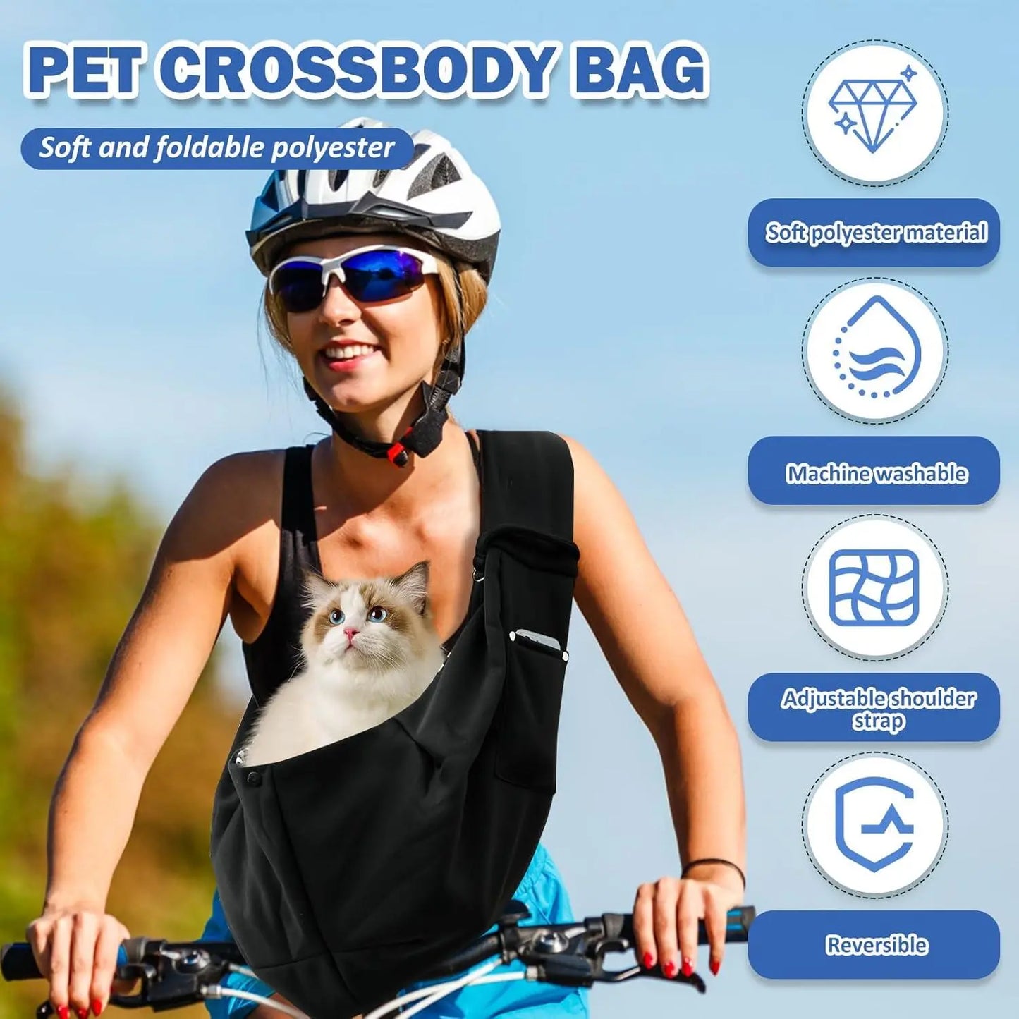 Reversible Dog Carrier Sling with Storage Pocket - Hands-Free Pet Carrier for Small Dogs and Cats, Travel Safety Harness (Black)