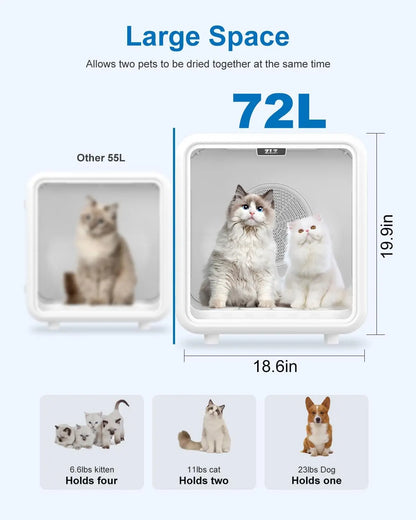 Pet Dryer Box for Cats and Dogs – 72L Quiet Hair Drying Machine with Adjustable Temperature and Air Blow Function – Portable Pet Dryer for Home Bathing and Drying Kit