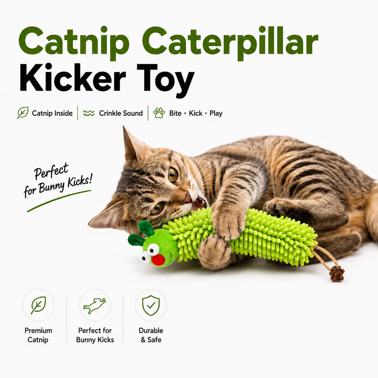 Catnip Caterpillar Plush Pillow - Interactive Crinkle Sound Cat Toy with Catnip Head and Silvervine Tail for Indoor Cats