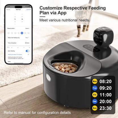 Premium Automatic Pet Feeder for Wet Food with Stainless Steel Bowl, Refrigeration System, App Control, HD 300° Wide-Angle Camera, Meal Warming Function, and Easy-Clean Design for Up to 5 Meals Over 3 Days
