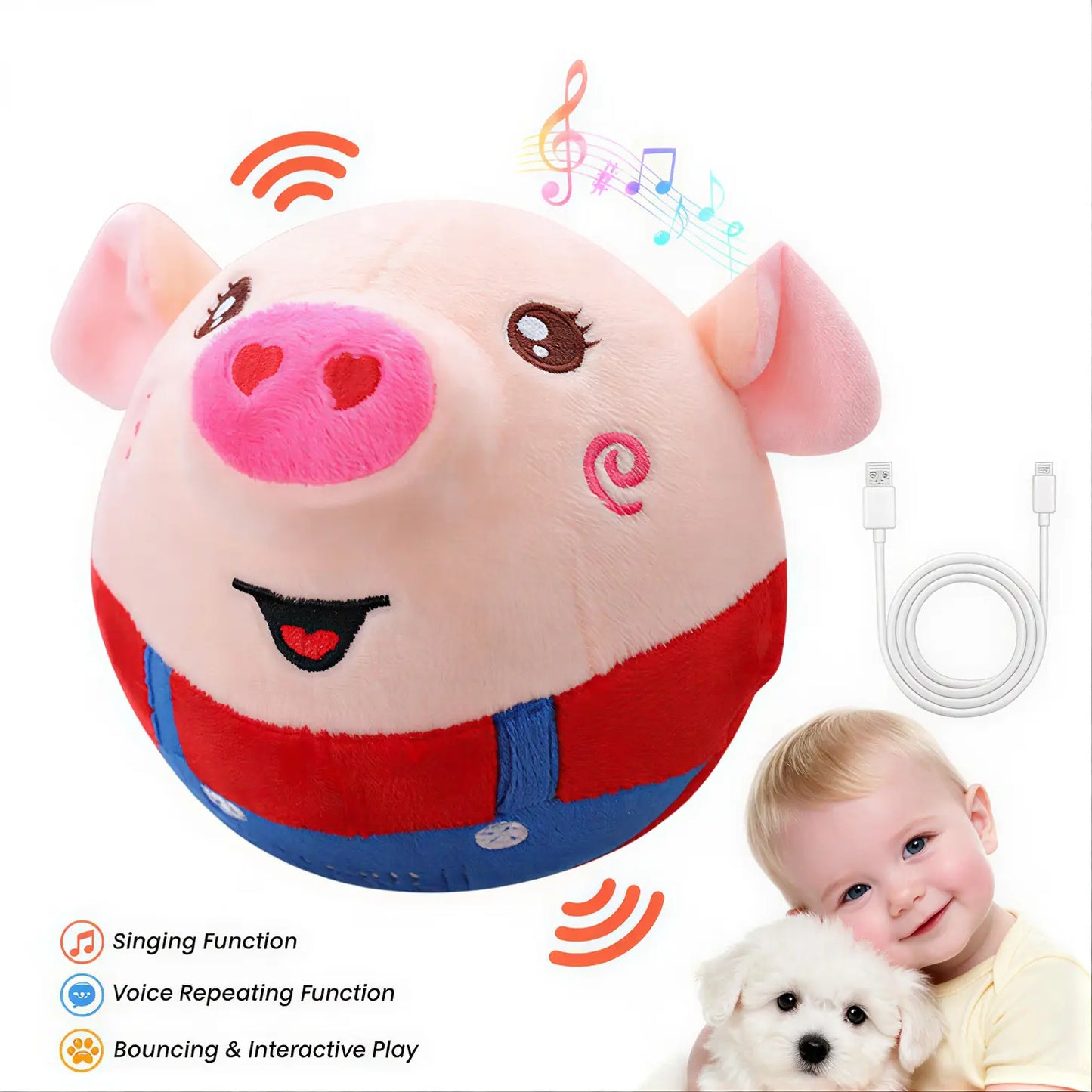 Interactive Rechargeable Pig-Shaped Sensory Dog Toy with Squeaking, Recording, and Music Features for Engaging Play Across All Dog Sizes