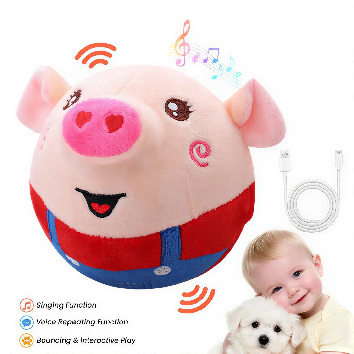 Interactive Rechargeable Pig-Shaped Sensory Dog Toy with Squeaking, Recording, and Music Features for Engaging Play Across All Dog Sizes