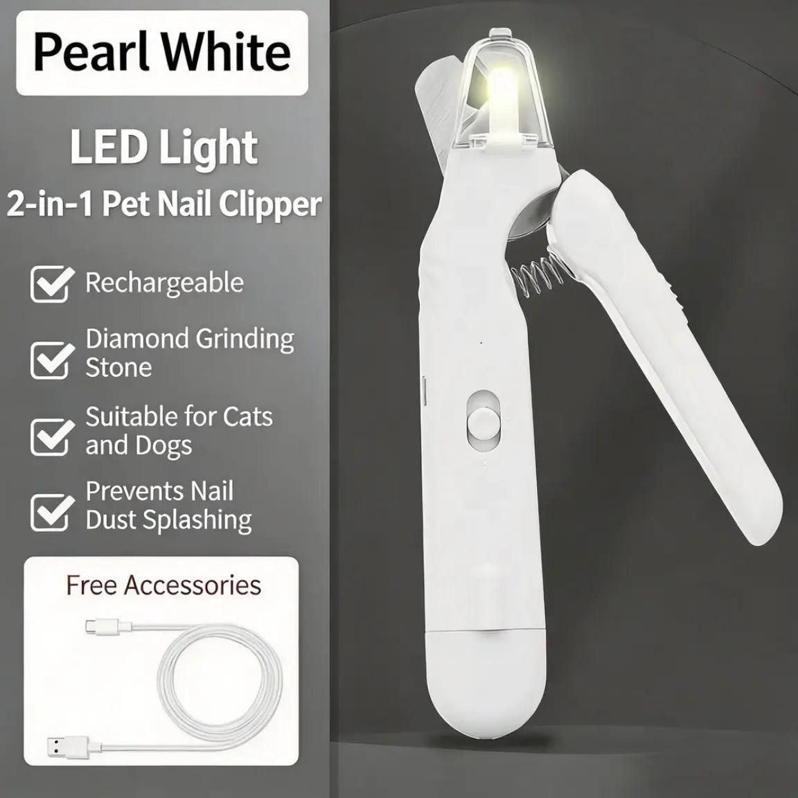 Professional Dual-Function Pet Nail Clippers with LED Light and Integrated Grinder for Dogs and Cats, Featuring Illuminated Blade, Low Noise Electric File, Safety Guard, and Nail Catcher for All Breeds