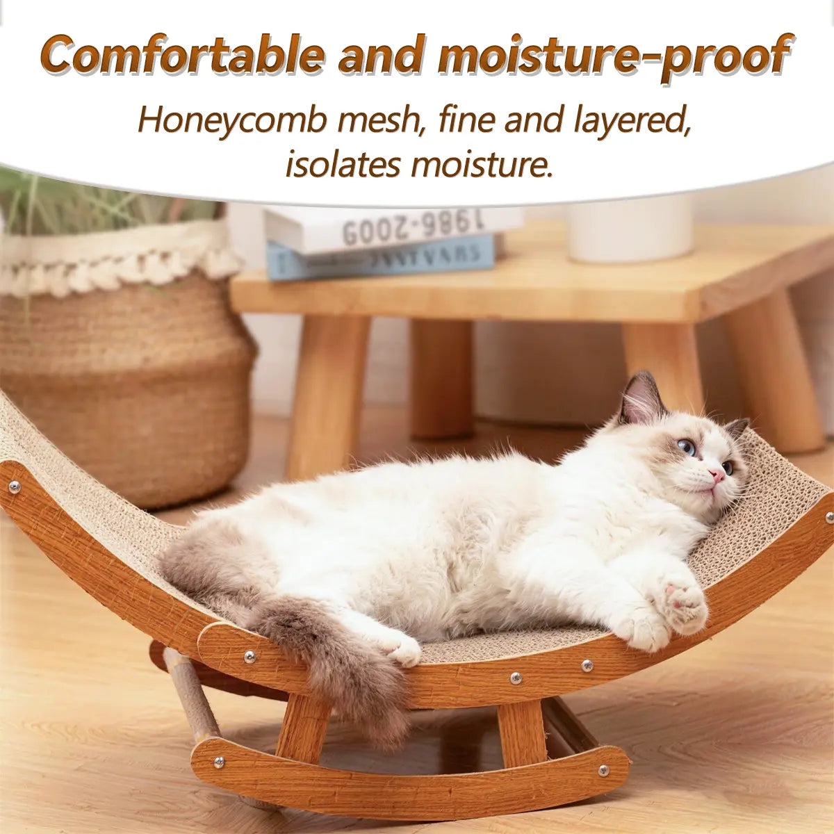 Elegant Bohemian Rocking Cat Scratcher Bed for Indoor Cats, Natural Sisal Curved Lounge with Sturdy Wooden Frame, Calming Anti-Anxiety Rocker Chair, Non-Shedding Comfortable Bed for Medium to Large Cats and Kittens, Easy Assembly