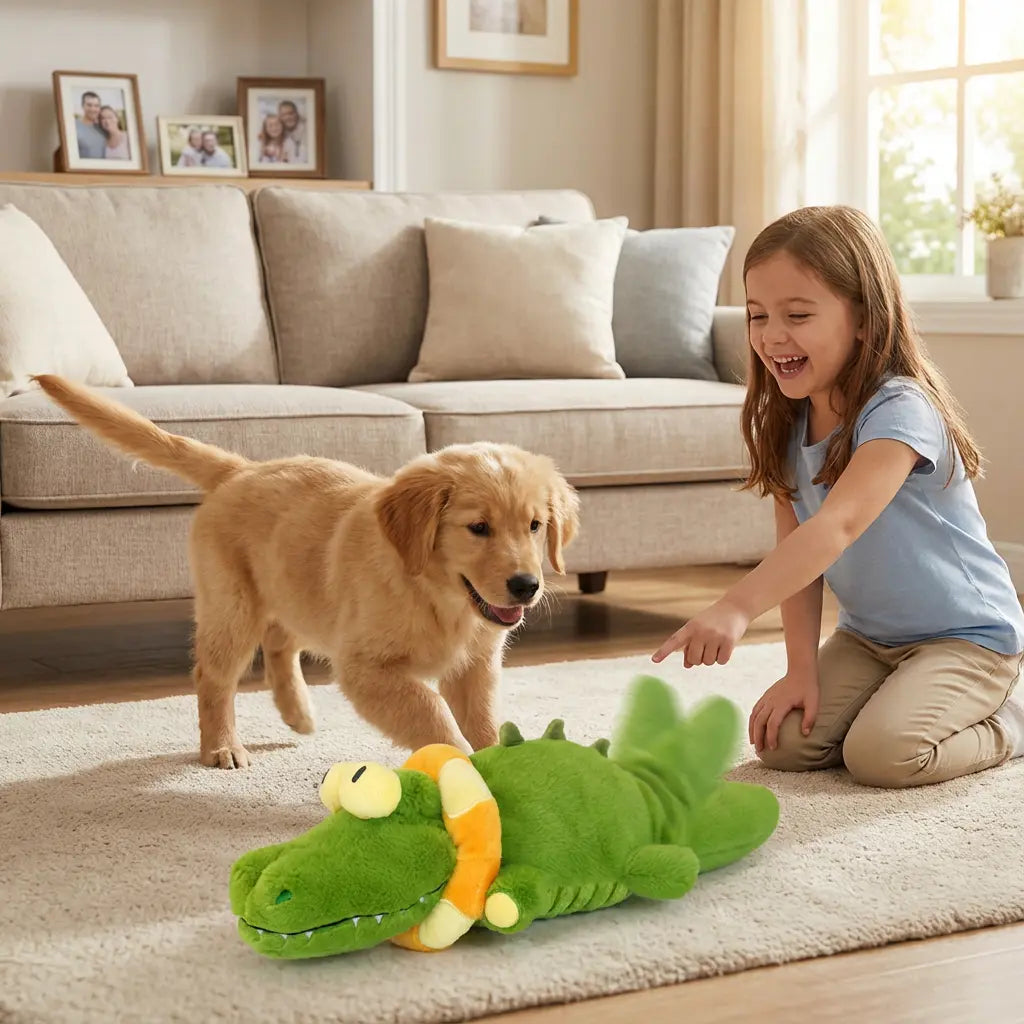Motion-Activated Interactive Crocodile Plush Dog Toy with Wagging Tail, Squeaky Sounds, Crinkle Design, USB Rechargeable, Detachable and Washable Cover, Not Suitable for Heavy Chewing
