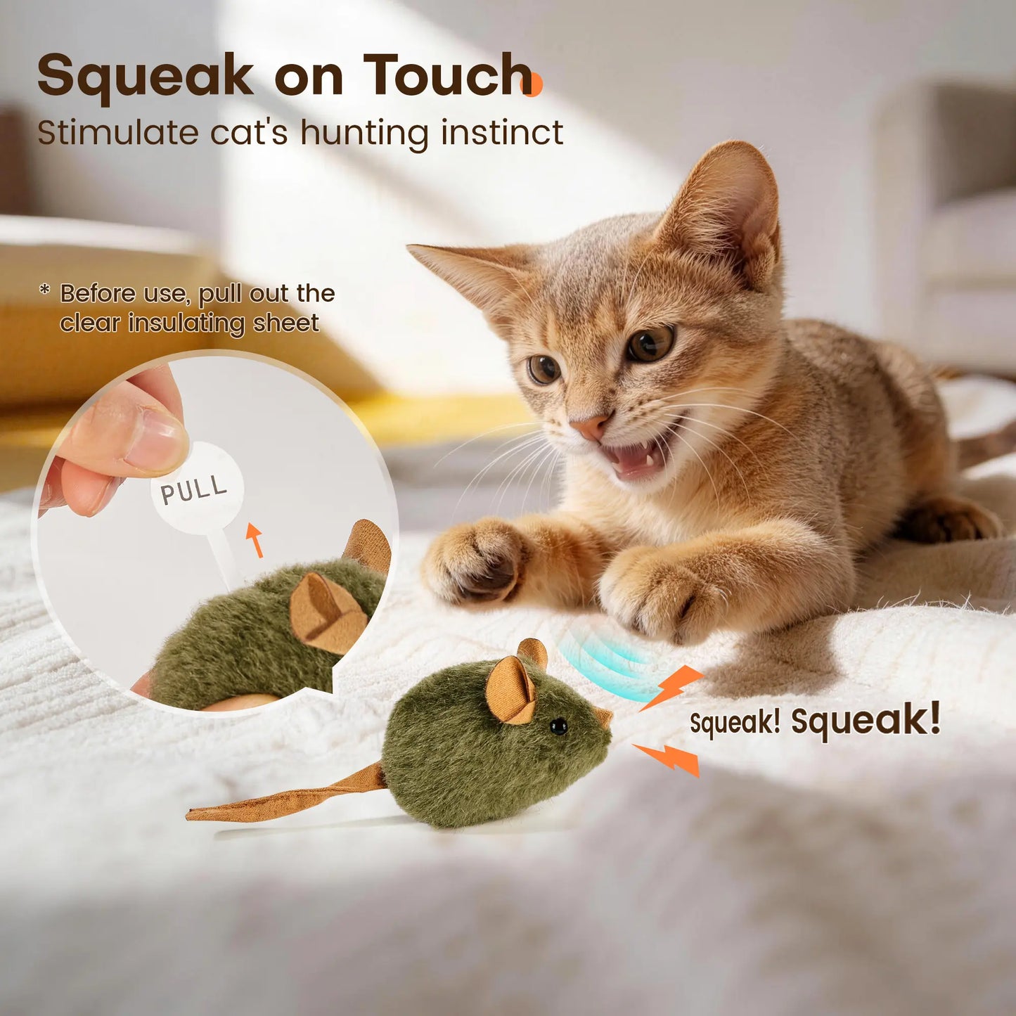Potaroma 3-Pack Interactive Plush Cat Toys - Realistic Squeaky Mice for Indoor Play and Chewable Enrichment for Cats of All Ages