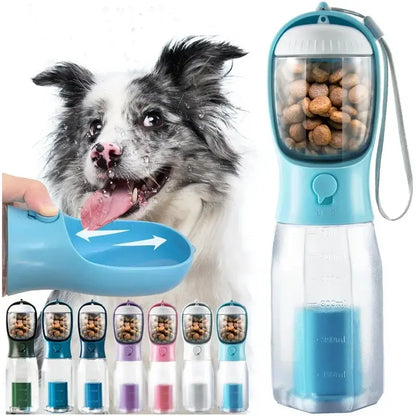 Portable 3-in-1 Dog Water Bottle with Food Storage and Waste Bag Dispenser - Ideal for Outdoor Adventures and Travel - 20oz, Blue