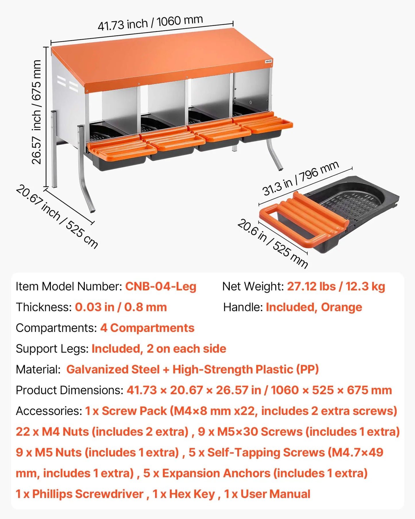 Vevor Chicken Nesting Boxes with 4 Compartments, Support Legs, Easy Egg Collection, Galvanized Steel and High-Strength Plastic, Roll Away Design for Hens, Orange