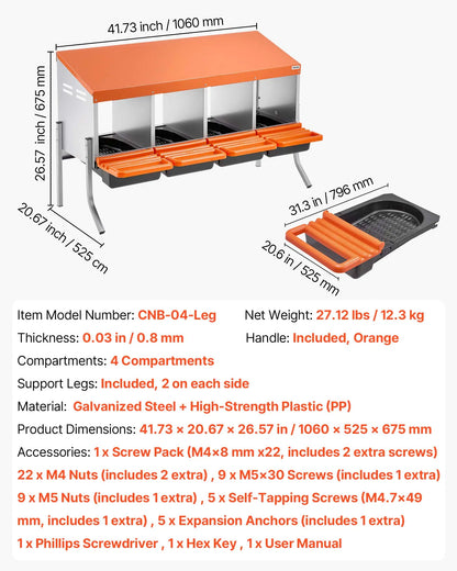 Vevor Chicken Nesting Boxes with 4 Compartments, Support Legs, Easy Egg Collection, Galvanized Steel and High-Strength Plastic, Roll Away Design for Hens, Orange