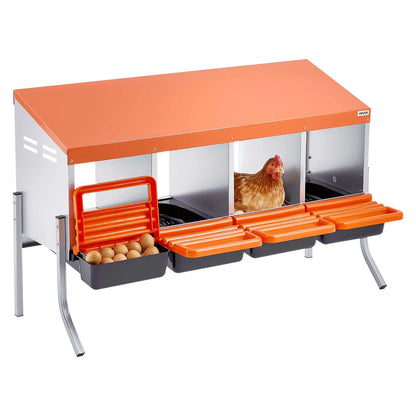 Vevor Chicken Nesting Boxes with 4 Compartments, Support Legs, Easy Egg Collection, Galvanized Steel and High-Strength Plastic, Roll Away Design for Hens, Orange