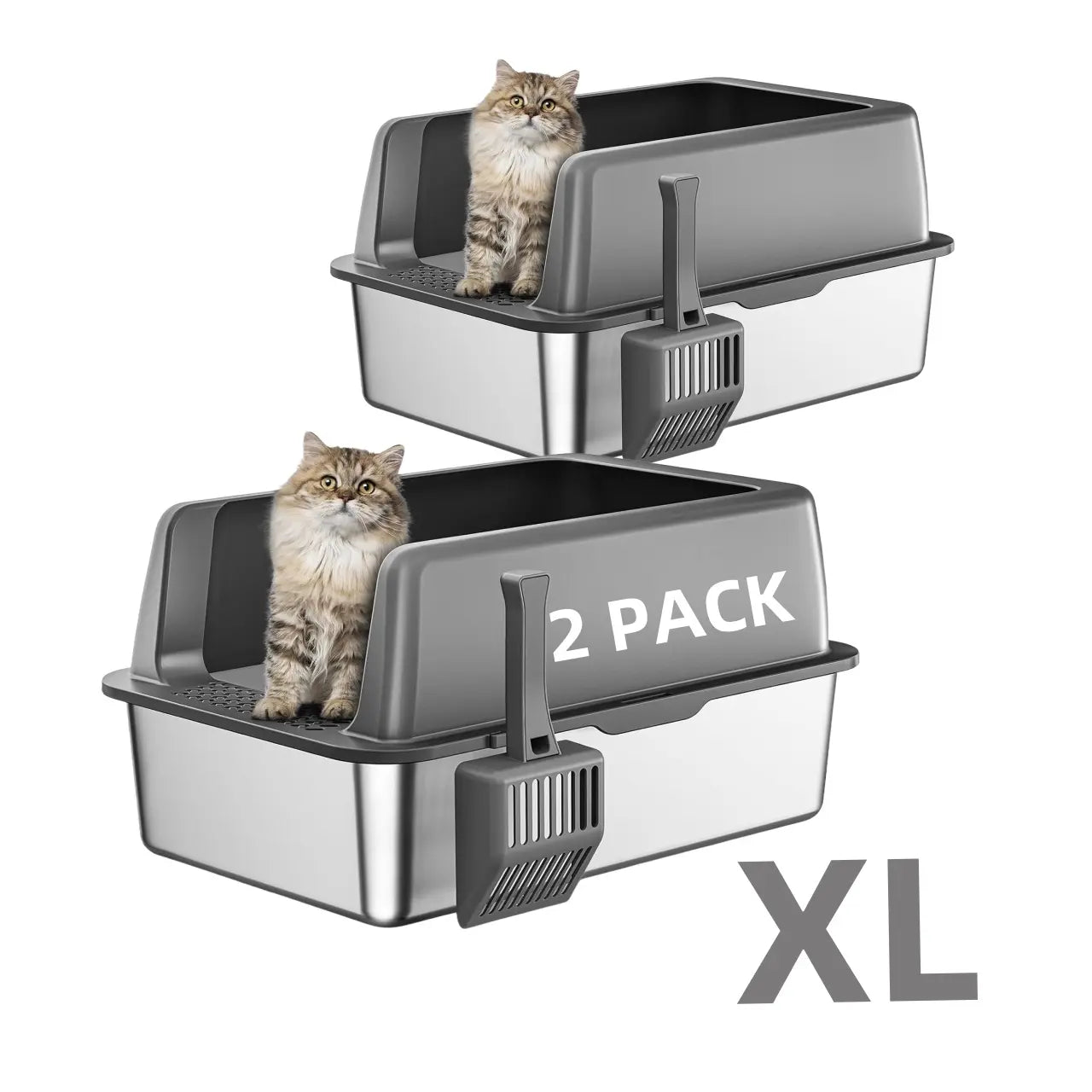 MISOFOG Premium High-Sided Stainless Steel Litter Box Set with Lid - Non-Stick, Leak-Resistant Design, Large 2-Pack for Cats and Rabbits, Easy to Clean