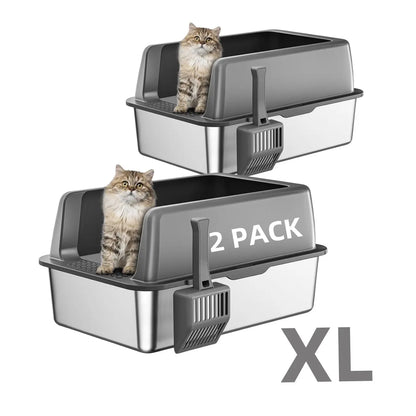 MISOFOG Premium High-Sided Stainless Steel Litter Box Set with Lid - Non-Stick, Leak-Resistant Design, Large 2-Pack for Cats and Rabbits, Easy to Clean