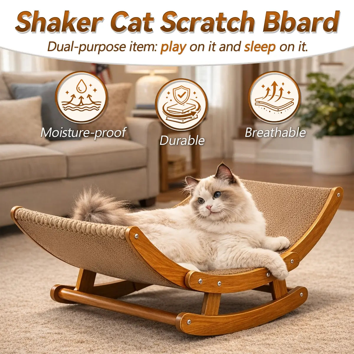 Elegant Bohemian Rocking Cat Scratcher Bed for Indoor Cats, Natural Sisal Curved Lounge with Sturdy Wooden Frame, Calming Anti-Anxiety Rocker Chair, Non-Shedding Comfortable Bed for Medium to Large Cats and Kittens, Easy Assembly