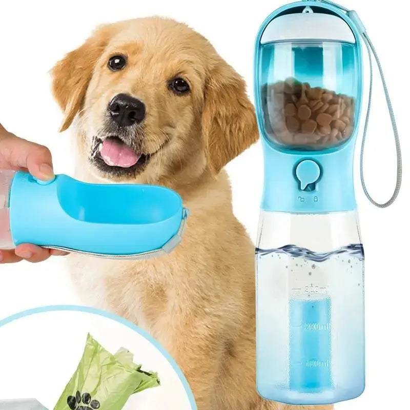 Portable 3-in-1 Dog Water Bottle with Food Storage and Waste Bag Dispenser - Ideal for Outdoor Adventures and Travel - 20oz, Blue