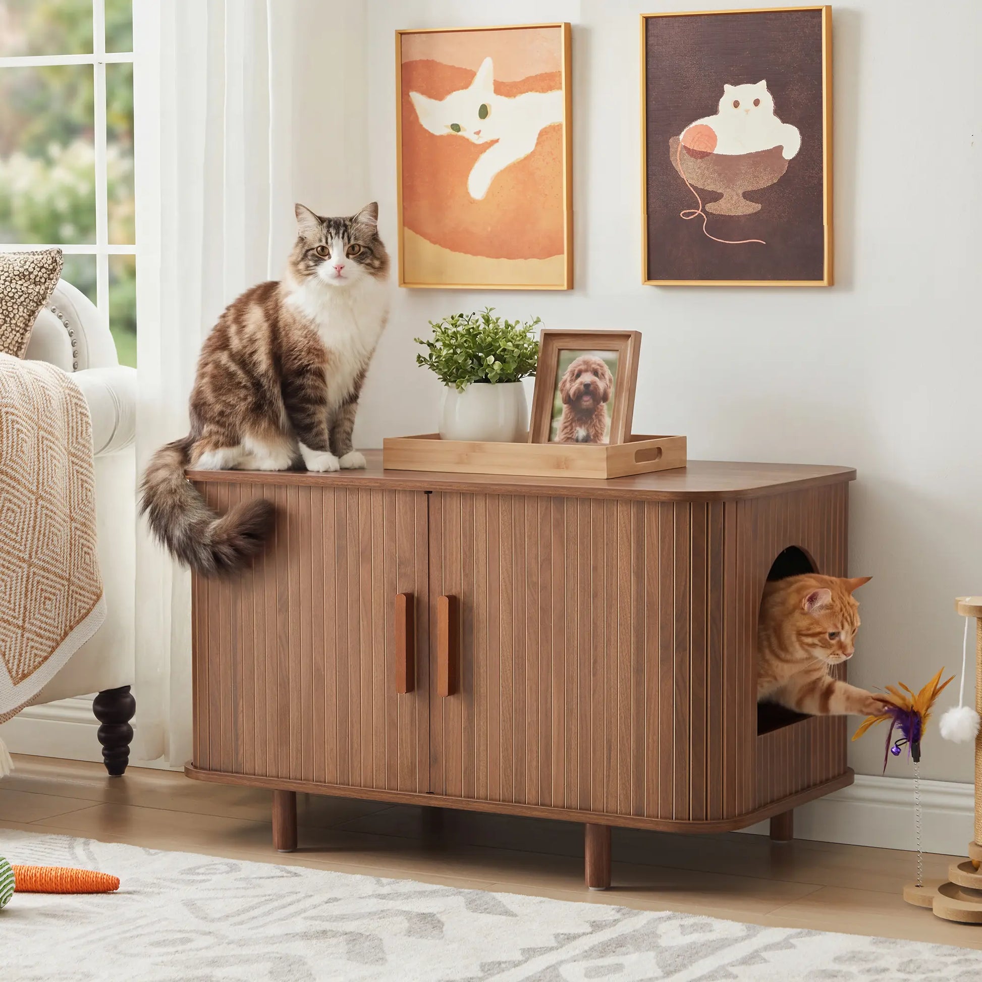 Giratree Modern Wooden Cat Litter Box Enclosure with Sliding Door, 35.5" Walnut Furniture Cabinet for Living Room