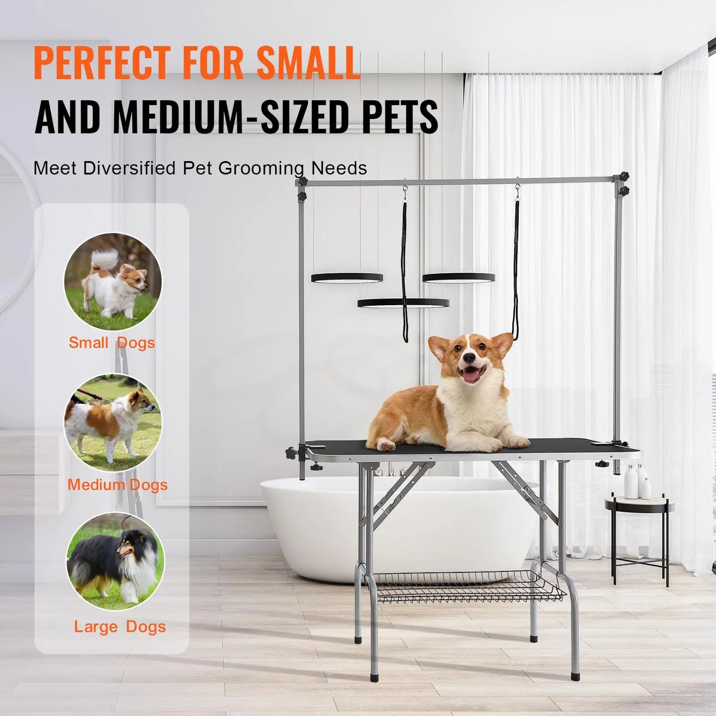 Vevor Professional Pet Grooming Table with Two Arms and Clamp, 46-Inch Foldable Grooming Station for Medium and Small Dogs, Includes Free No Sit Haunch Holder and Grooming Loop, Supports Up to 330 lbs