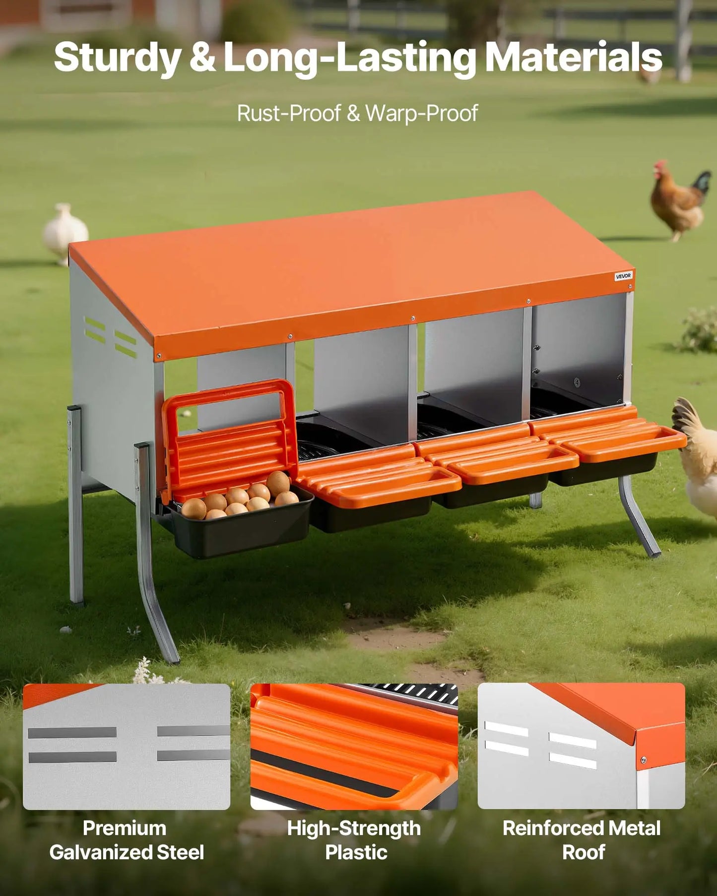 Vevor Chicken Nesting Boxes with 4 Compartments, Support Legs, Easy Egg Collection, Galvanized Steel and High-Strength Plastic, Roll Away Design for Hens, Orange