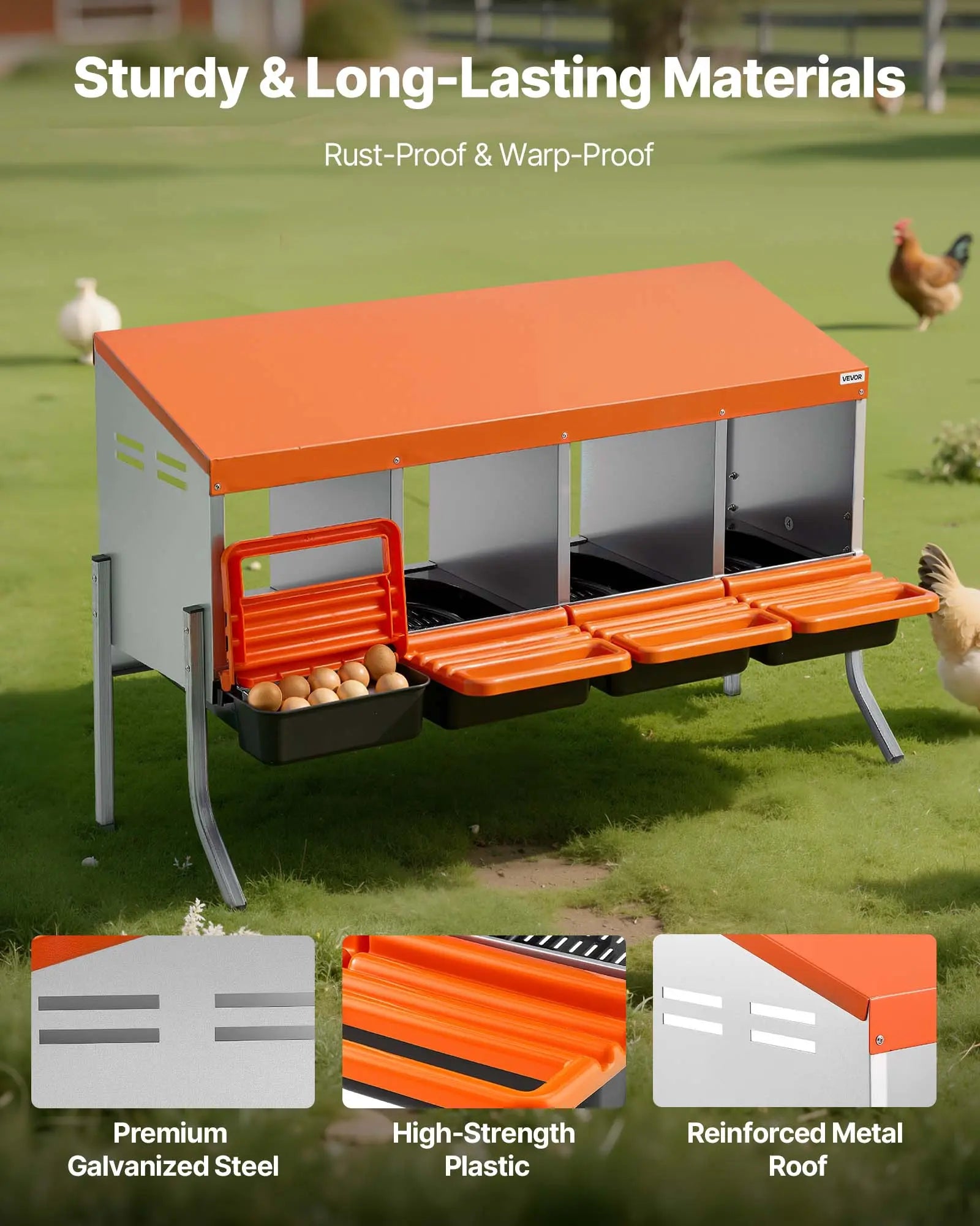 Vevor Chicken Nesting Boxes with 4 Compartments, Support Legs, Easy Egg Collection, Galvanized Steel and High-Strength Plastic, Roll Away Design for Hens, Orange