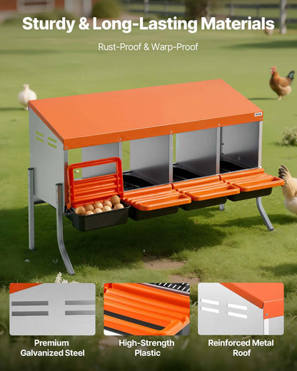 Vevor Chicken Nesting Boxes with 4 Compartments, Support Legs, Easy Egg Collection, Galvanized Steel and High-Strength Plastic, Roll Away Design for Hens, Orange