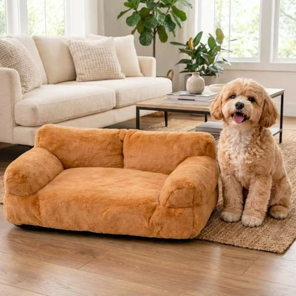 Premium Washable Pet Sofa Bed for Small to Medium Dogs and Cats - All-Season Indoor and Outdoor Lounger with Supportive Bolsters, Fits Two Pets, 35.4 x 21.7 x 10.2 inches, Brown Plush Fabric with PP Cotton Filling