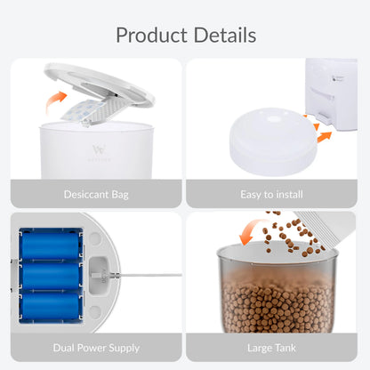 WAITHEM Smart Wifi Automatic Pet Feeder with 5G Connectivity, 3L Airtight Food Dispenser for Cats and Dogs, App Control, Dual Power Supply, and Desiccant Bag for Freshness