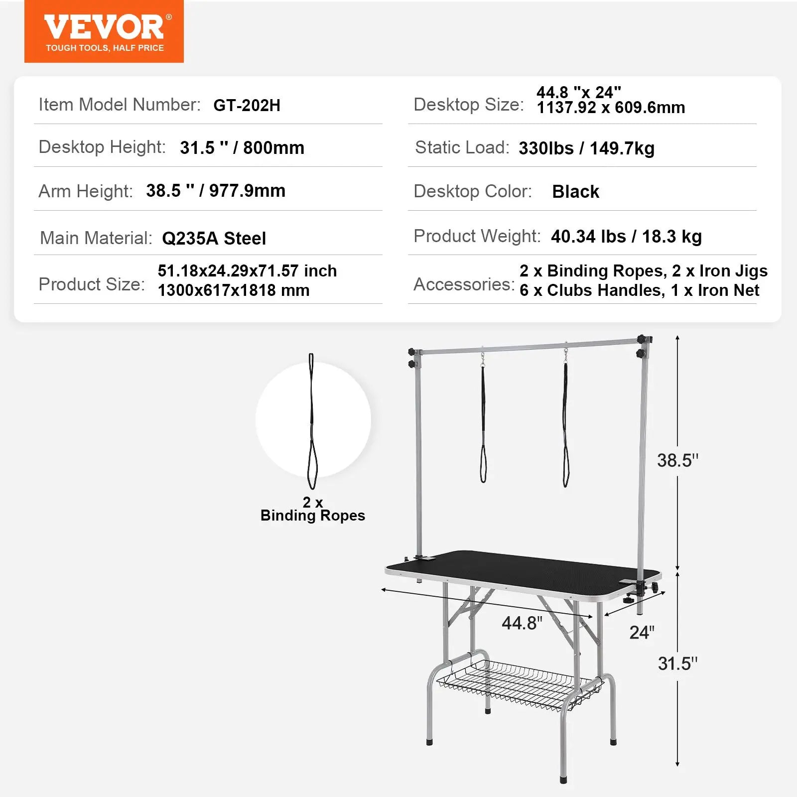 Vevor Professional Pet Grooming Table with Two Arms and Clamp, 46-Inch Foldable Grooming Station for Medium and Small Dogs, Includes Free No Sit Haunch Holder and Grooming Loop, Supports Up to 330 lbs