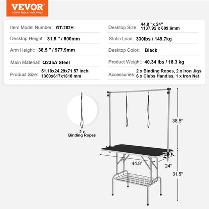 Vevor Professional Pet Grooming Table with Two Arms and Clamp, 46-Inch Foldable Grooming Station for Medium and Small Dogs, Includes Free No Sit Haunch Holder and Grooming Loop, Supports Up to 330 lbs