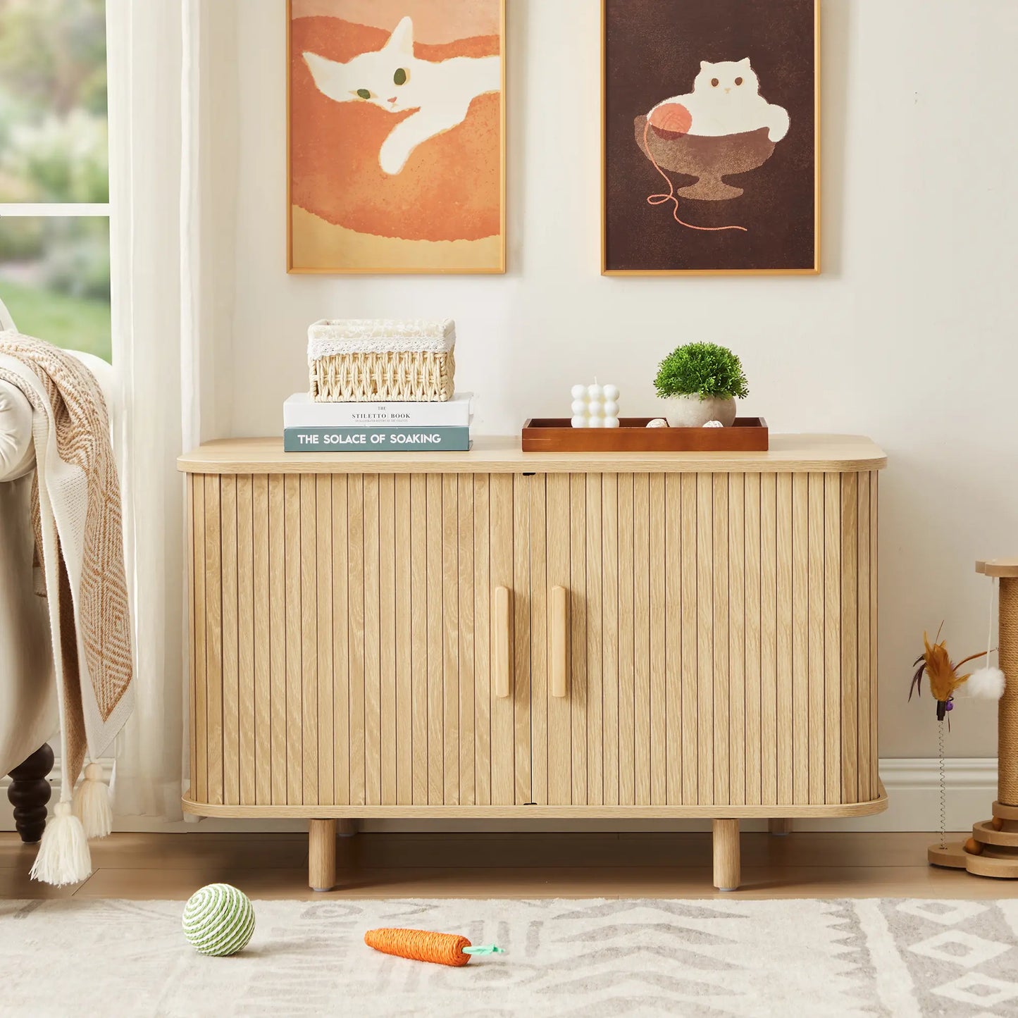 Giratree Modern Wooden Cat Litter Box Enclosure with Sliding Door, 35.5" Walnut Furniture Cabinet for Living Room