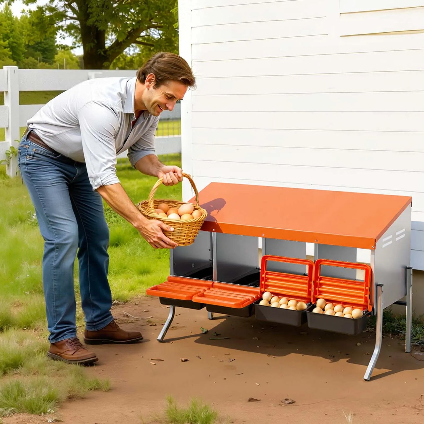 Vevor Chicken Nesting Boxes with 4 Compartments, Support Legs, Easy Egg Collection, Galvanized Steel and High-Strength Plastic, Roll Away Design for Hens, Orange