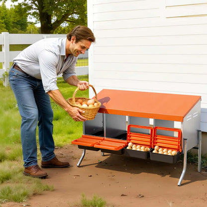 Vevor Chicken Nesting Boxes with 4 Compartments, Support Legs, Easy Egg Collection, Galvanized Steel and High-Strength Plastic, Roll Away Design for Hens, Orange