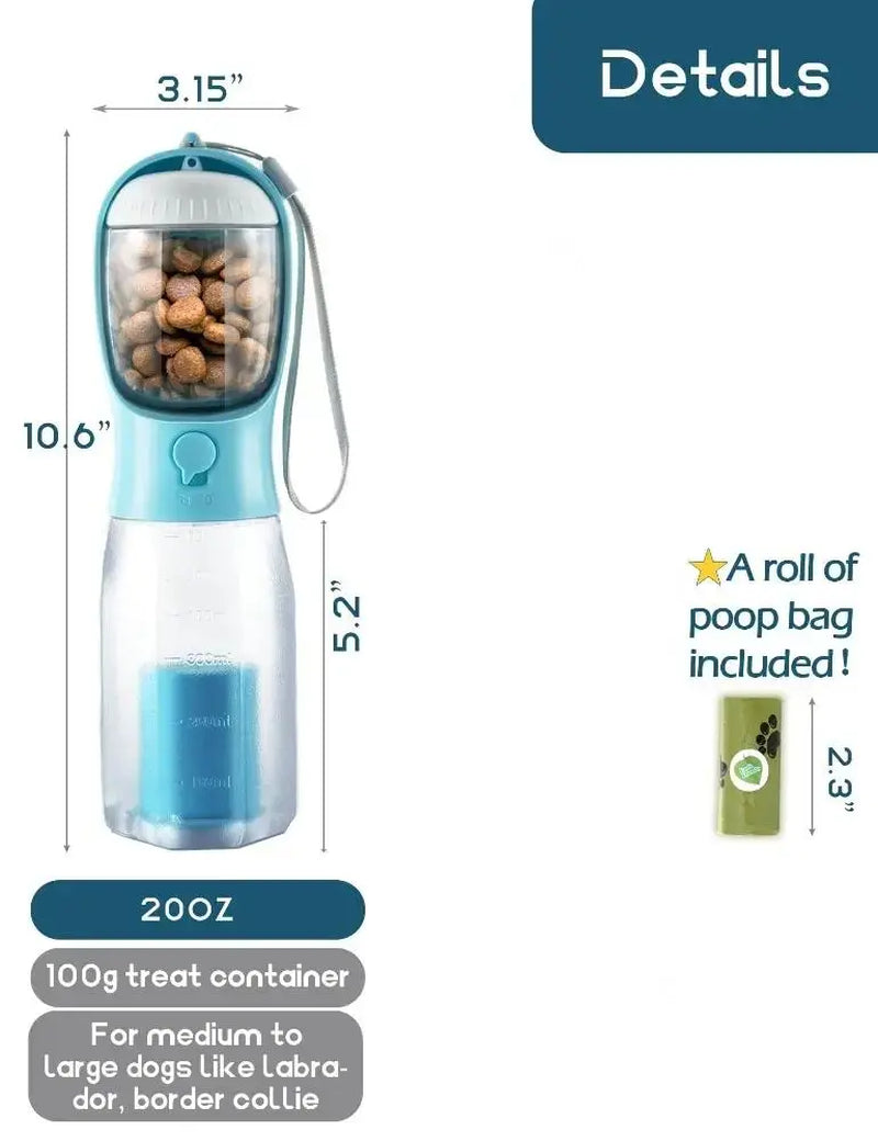 Portable 3-in-1 Dog Water Bottle with Food Storage and Waste Bag Dispenser - Ideal for Outdoor Adventures and Travel - 20oz, Blue