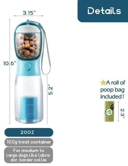 Portable 3-in-1 Dog Water Bottle with Food Storage and Waste Bag Dispenser - Ideal for Outdoor Adventures and Travel - 20oz, Blue