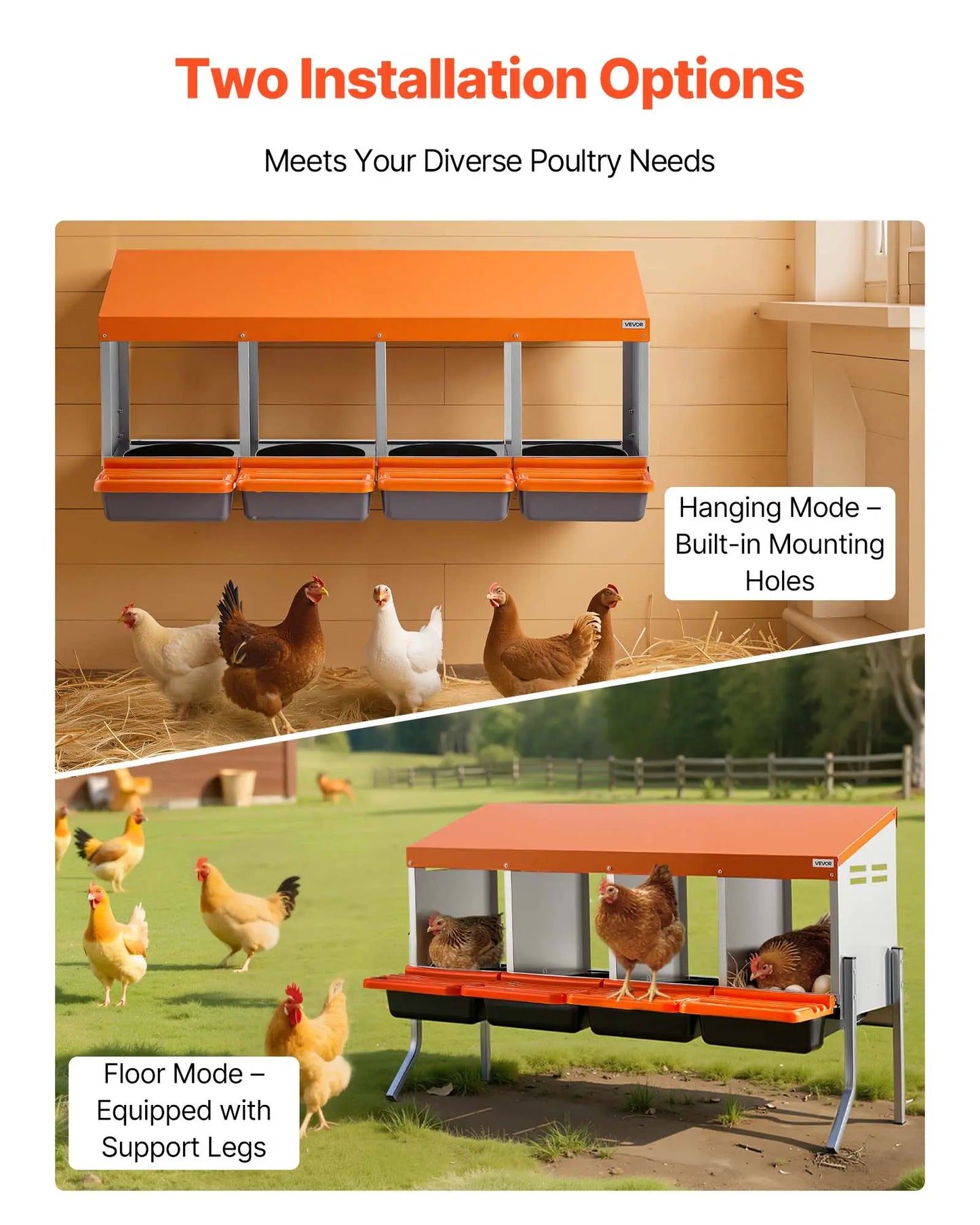 Vevor Chicken Nesting Boxes with 4 Compartments, Support Legs, Easy Egg Collection, Galvanized Steel and High-Strength Plastic, Roll Away Design for Hens, Orange