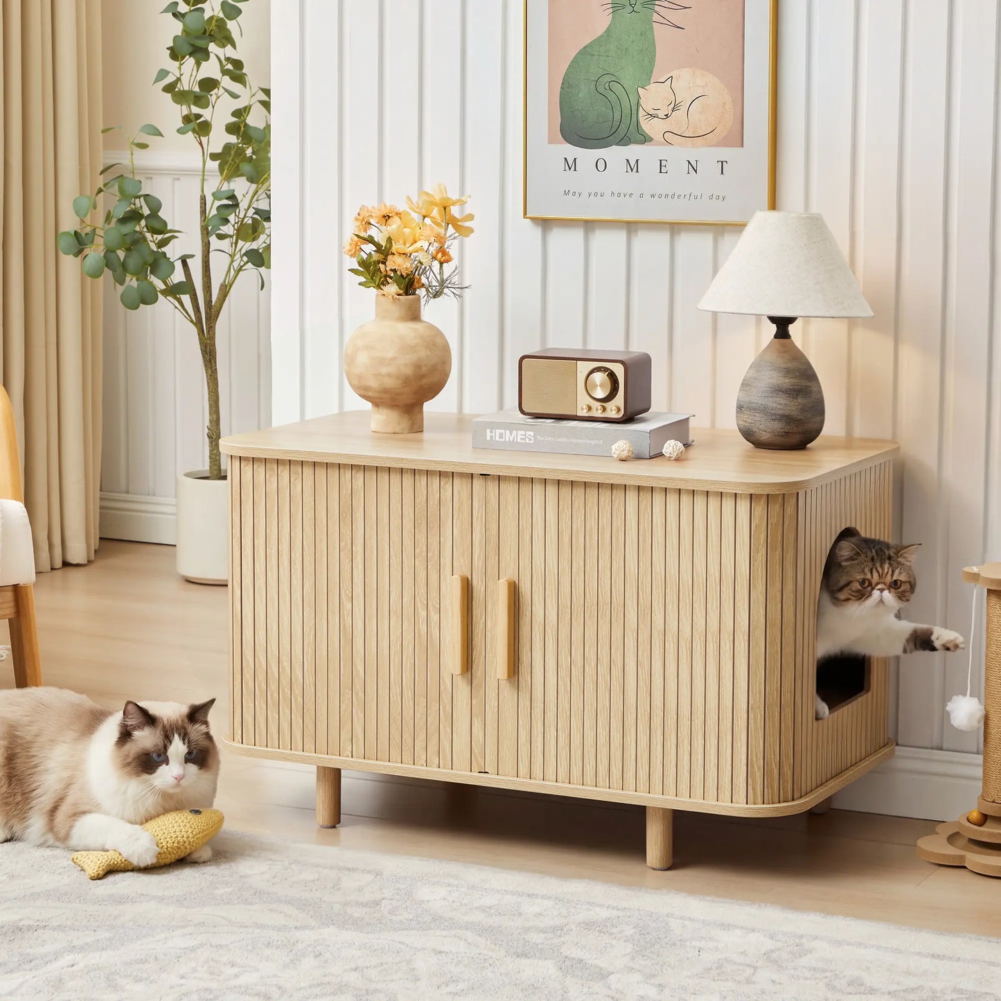 Giratree Modern Wooden Cat Litter Box Enclosure with Sliding Door, 35.5" Walnut Furniture Cabinet for Living Room