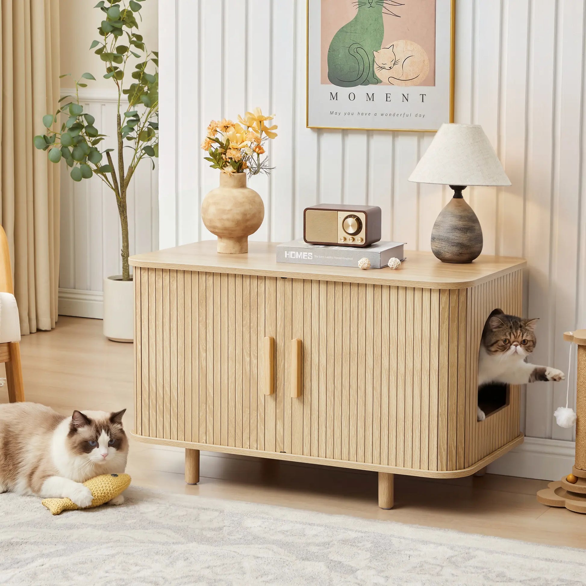 Giratree Modern Wooden Cat Litter Box Enclosure with Sliding Door, 35.5" Walnut Furniture Cabinet for Living Room