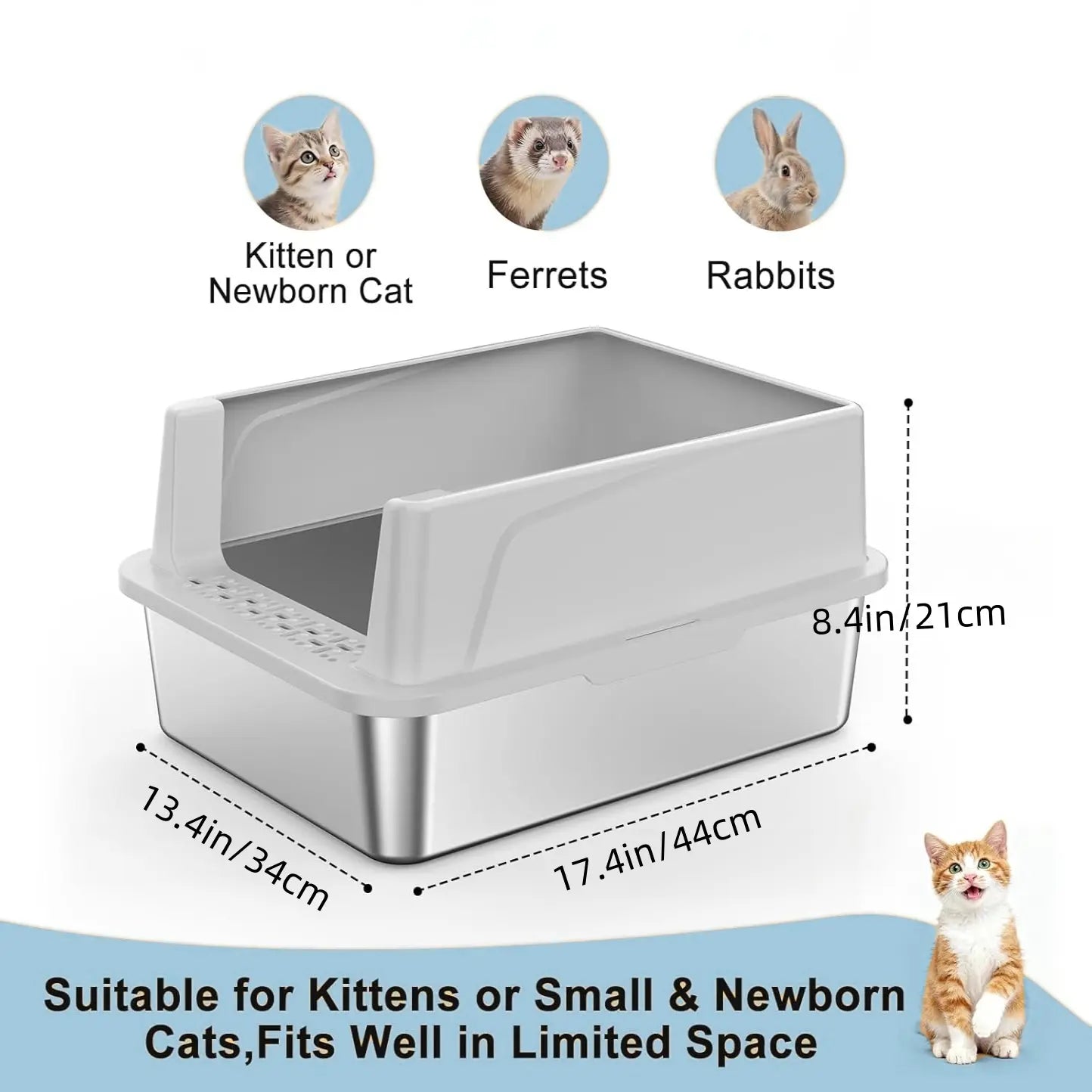 MISOFOG Premium High-Sided Stainless Steel Litter Box Set with Lid - Non-Stick, Leak-Resistant Design, Large 2-Pack for Cats and Rabbits, Easy to Clean