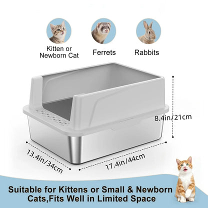 MISOFOG Premium High-Sided Stainless Steel Litter Box Set with Lid - Non-Stick, Leak-Resistant Design, Large 2-Pack for Cats and Rabbits, Easy to Clean