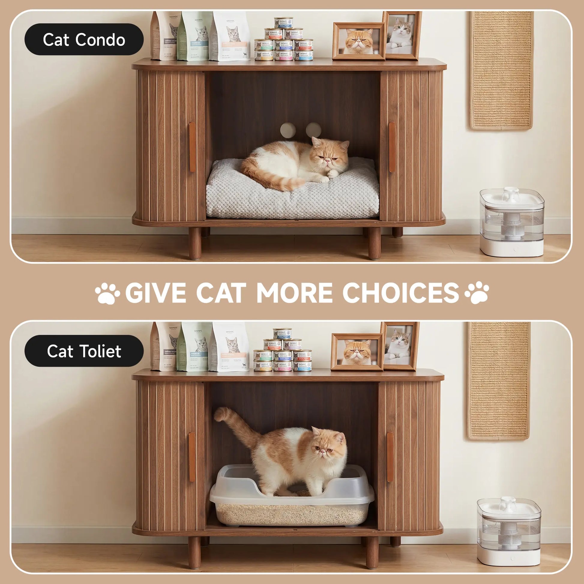 Giratree Modern Wooden Cat Litter Box Enclosure with Sliding Door, 35.5" Walnut Furniture Cabinet for Living Room