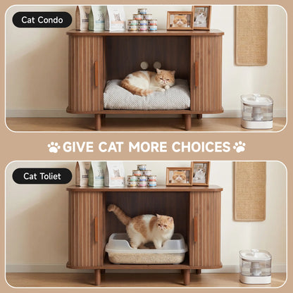 Giratree Modern Wooden Cat Litter Box Enclosure with Sliding Door, 35.5" Walnut Furniture Cabinet for Living Room
