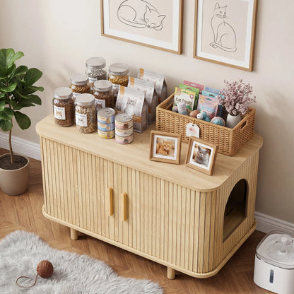 Giratree Modern Wooden Cat Litter Box Enclosure with Sliding Door, 35.5" Walnut Furniture Cabinet for Living Room