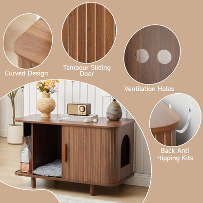Giratree Modern Wooden Cat Litter Box Enclosure with Sliding Door, 35.5" Walnut Furniture Cabinet for Living Room