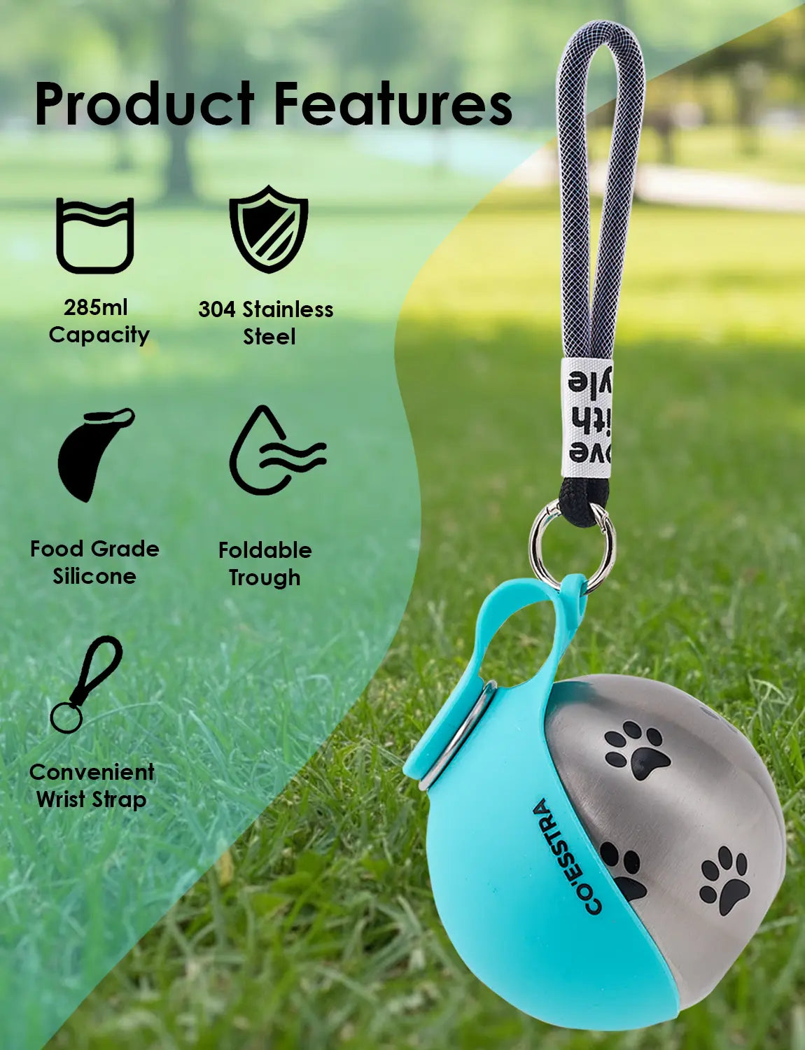 Stainless Steel Pet Water Bottle with Integrated Drinking Basin - 285ml Leak-Proof Travel Solution for Dogs and Cats, Ideal for Outdoor Adventures and Travel