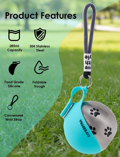Stainless Steel Pet Water Bottle with Integrated Drinking Basin - 285ml Leak-Proof Travel Solution for Dogs and Cats, Ideal for Outdoor Adventures and Travel