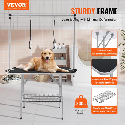 Vevor Professional Pet Grooming Table with Two Arms and Clamp, 46-Inch Foldable Grooming Station for Medium and Small Dogs, Includes Free No Sit Haunch Holder and Grooming Loop, Supports Up to 330 lbs