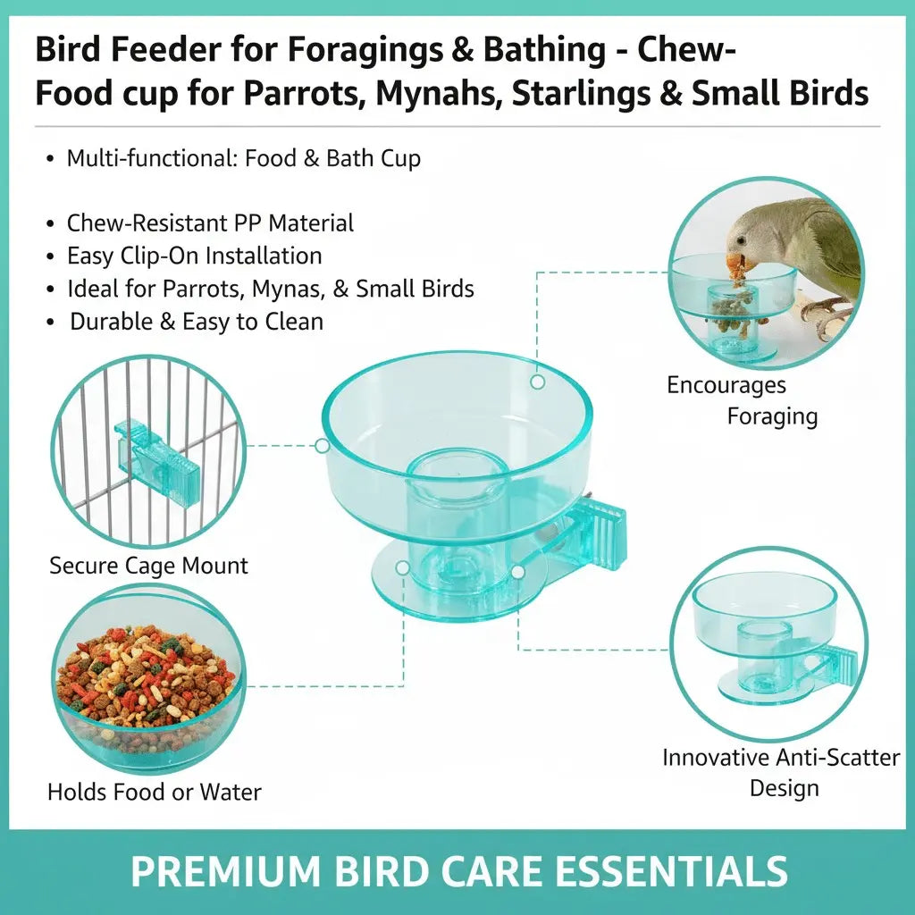 Premium Quick Lock Food Bowl for Bird Cages with Removable Bath and Transparent Perch Design for Small Pets and Multi-Pet Settings