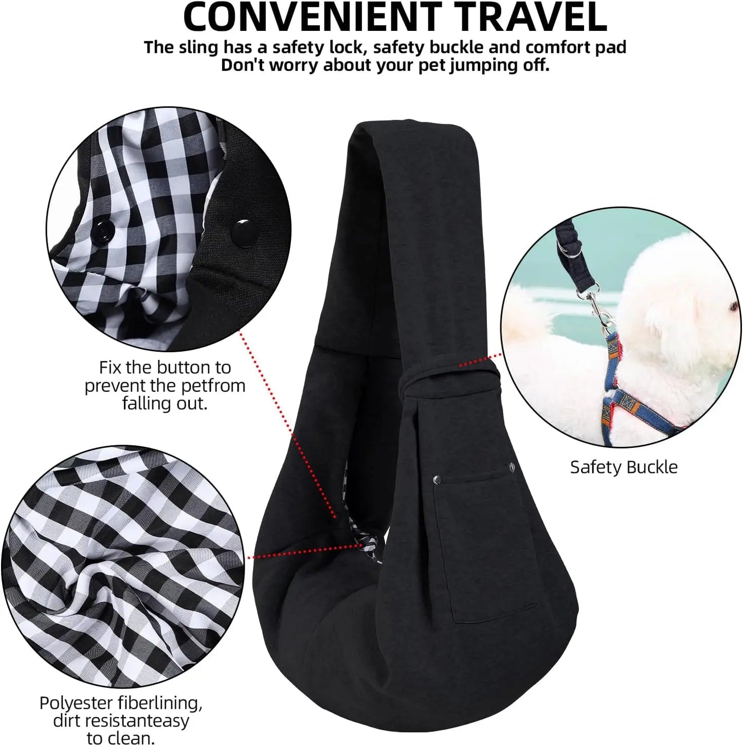 Reversible Dog Carrier Sling with Storage Pocket - Hands-Free Pet Carrier for Small Dogs and Cats, Travel Safety Harness (Black)